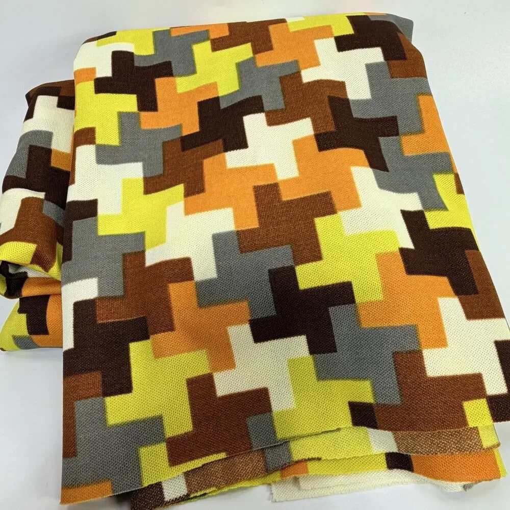 Vintage 1970s Yellow Orange Brown Geometric Fabric 60x84